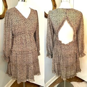 Leopard Print Ruffle Tiered V Neck Flouncy Dress NWOT Jodifl Semi Sheer Sz L